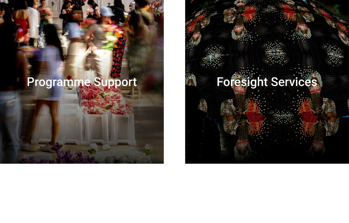 Programme Support: Creative strategy and user experience services that shape human-centred experiences across touchpoints.  Foresight Services: Insight and foresight-led deliverables that support brands with growth strategies and innovation.